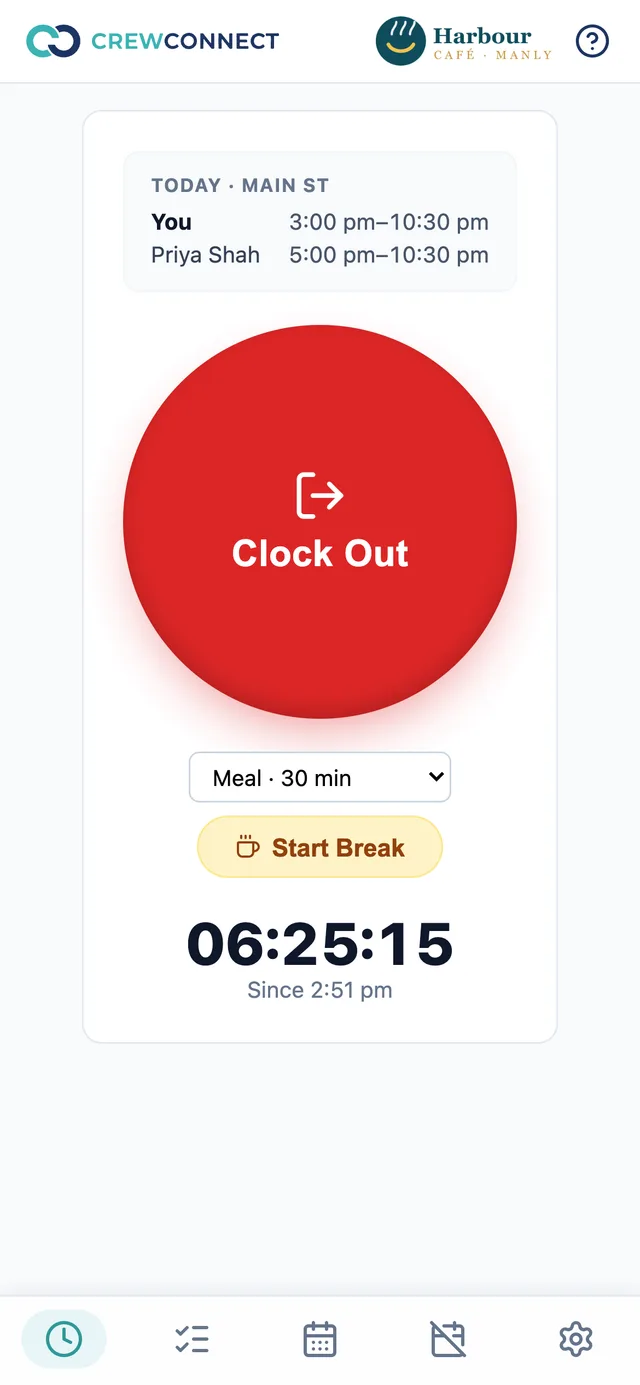 The staff app: today's shift with teammates, a large Clock Out button and the live timer