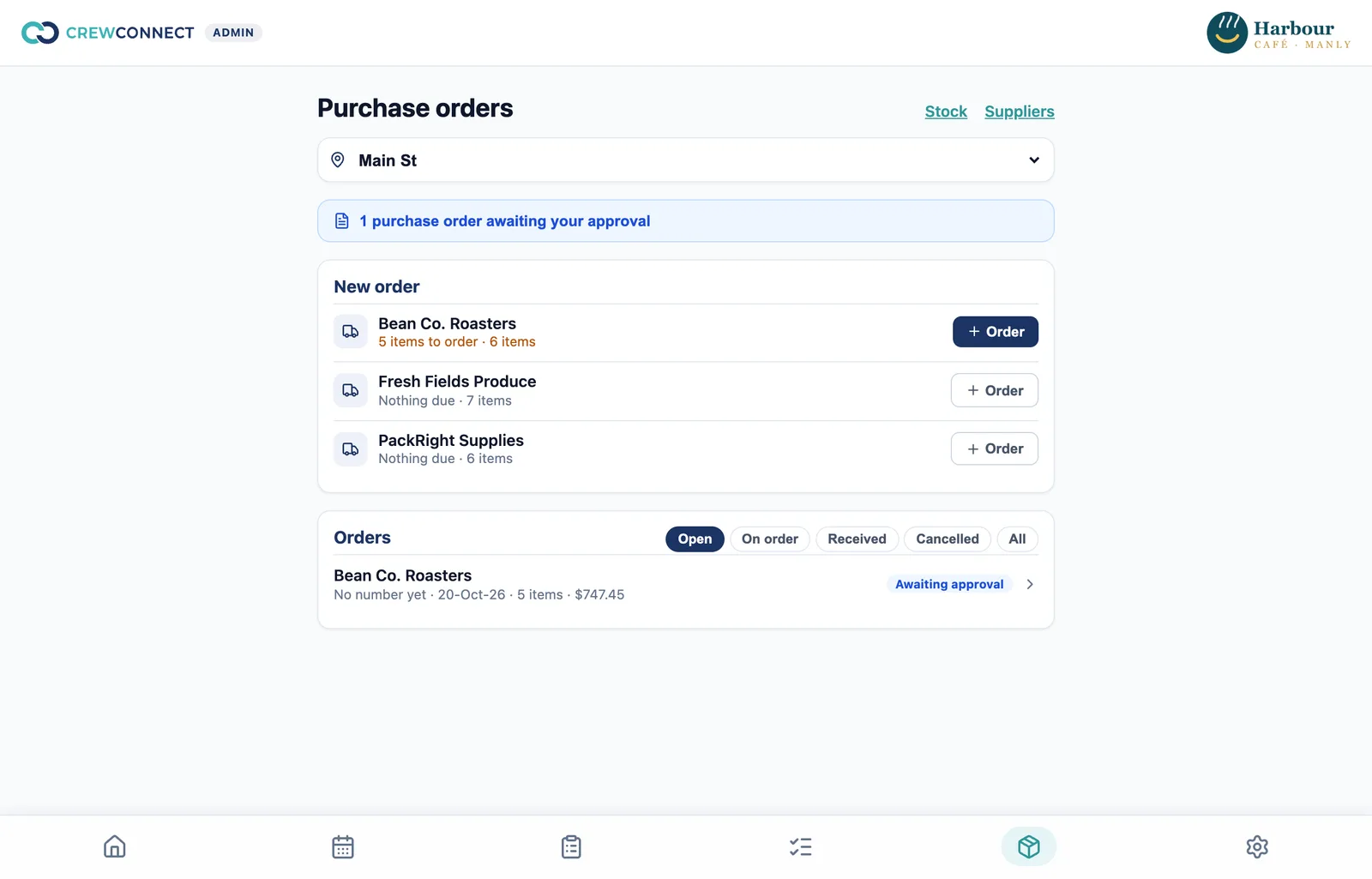 Purchase orders: suppliers with items due, and orders awaiting approval