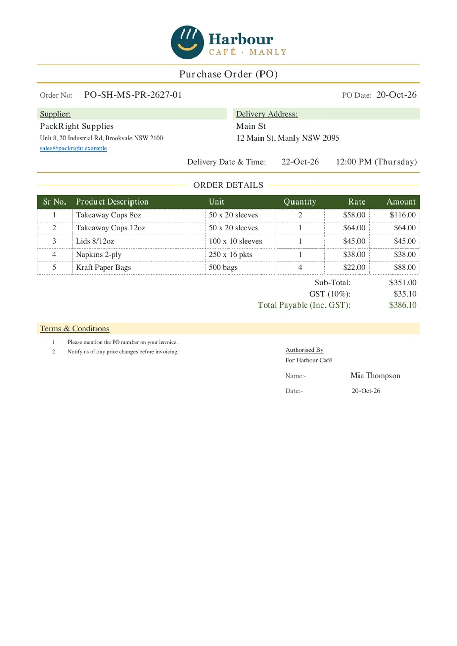 A purchase order PDF with logo, supplier, delivery details and GST totals